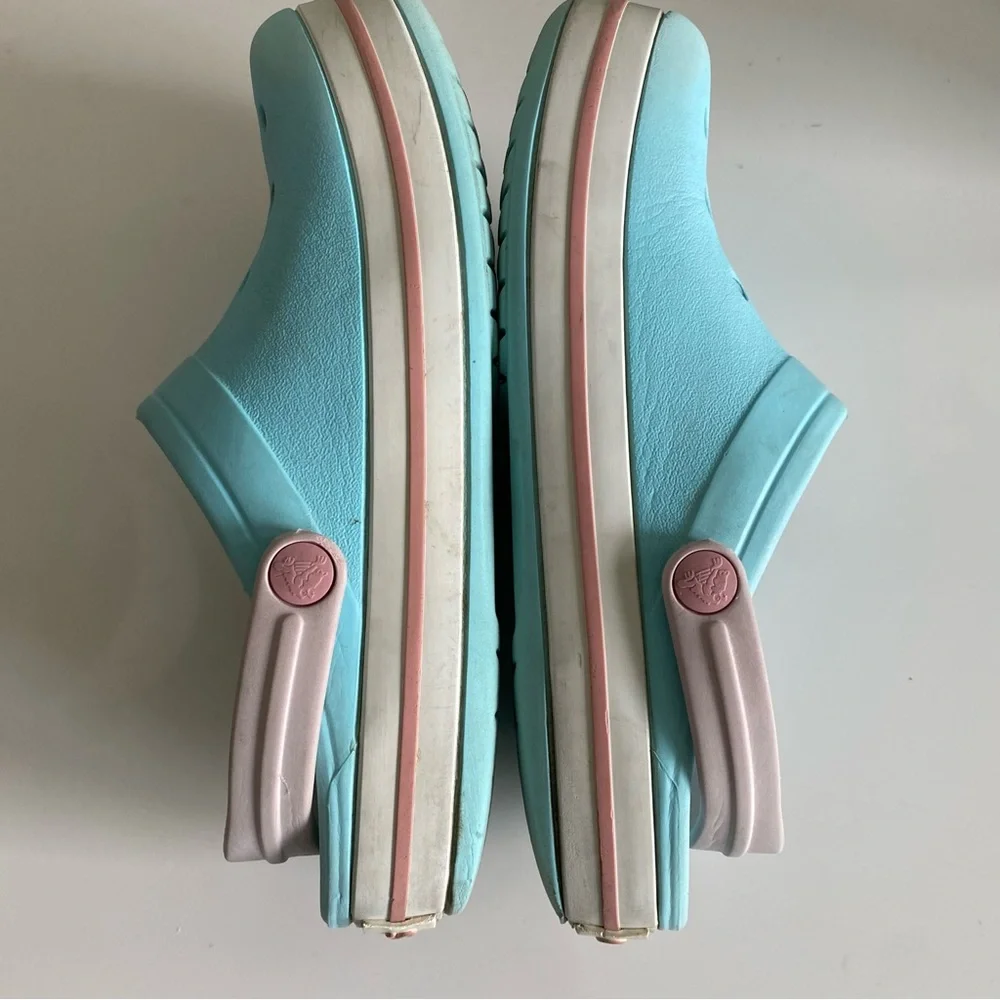 CROCS Kids Aqua Blue Clogs with Pale Pink Trim